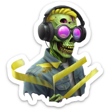 .Zombie_ Vaporwave black holographic oilslick zombie unicorn yellow caution tape holding a vinyl dj graffiti sticker