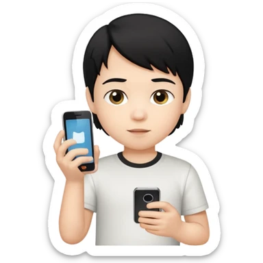 un niño de entre 3 - 10 años jugando con su celular (pelo negro y polo blanco) sticker