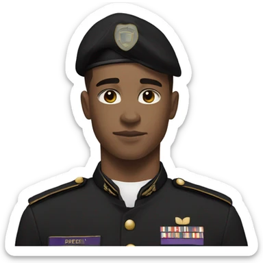 Young White Man , 19 years old, in black military uniform, with purple insignia. On the left of the uniform it says KDS sticker