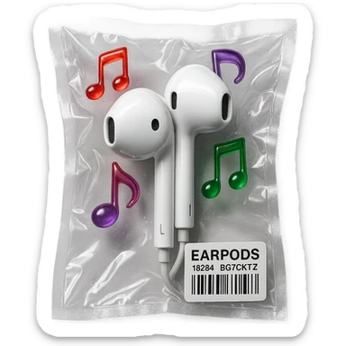 pair of white EarPods with three small glassy music notes in red, green, and purple floating around, glossy and inflated sticker