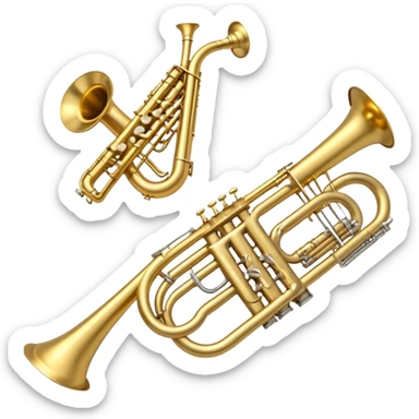 Create a simple and symbolic emoji collage representing wind instruments. Include a variety of iconic elements like the bell of a trumpet, the mouthpiece of a saxophone, and a subtle outline of a trombone. Arrange the elements in a dynamic and balanced way. Use warm metallic tones like gold, brass, and silver for the instruments, with a clean and minimalist design. The background should be transparent, focusing on the shapes and silhouettes of the instruments to convey their essence without excessive detail. sticker