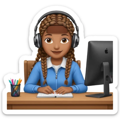 brown skinned female with braids sitting at a desk with headphones on sticker
