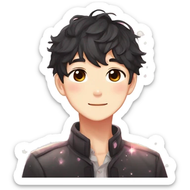 Gorgeous bright sparkly romantic Asian anime gentle man with blushing face aesthetic trending style outside sticker