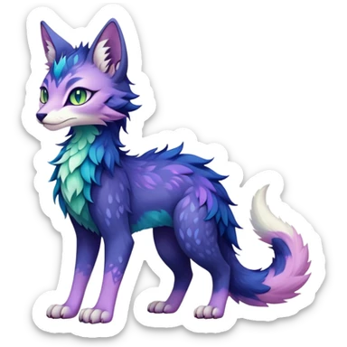 Kawaii dark blue indigo cyan purple violet pink beige white fantasy ethereal feline-vernid-sergal-fursona animal creature with a tufted tail full body with intricate markings, hazel-gold-green eyes sticker