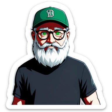 A bold man with a grey baseball cap, green eyes, big beard and glasses, waving  sticker
