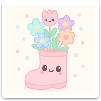 a rain boot filled with blooming spring flowers, kawaii pastel illustration style, soft colors, cute face sticker