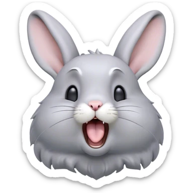 Cinematic Cute Yawning Grey Rabbit Portrait Emoji, Head tilted slightly with a dramatic, wide-open yawn, showcasing a smooth grey fur with a refined finish, floppy ears slightly drooping, round grey eyes barely open in drowsy contentment, Simplified yet irresistibly adorable features, highly detailed, glowing with a soft, cozy glow, high shine, relaxed yet expressive, stylized with a touch of whimsy, bright and endearing, soft glowing outline, capturing the essence of a sleepy yet affectionate bunny, so drowsy it feels like it could stretch out of the screen and curl up for a nap! sticker