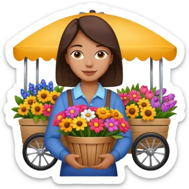 Shopper with flower bouquet,Farmers’ Market, background Flowers cart, market. sticker