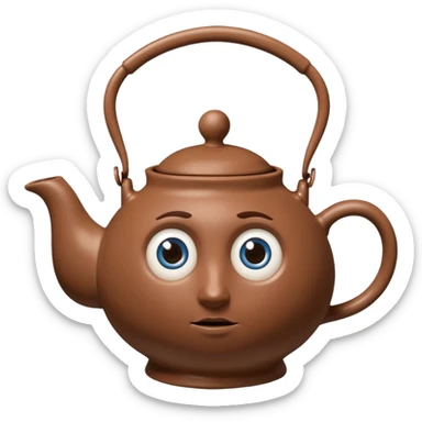brown teapot, with a concerned expression including big blue eyes. It has human legs on the bottom, and a human hand connected to its handle. sticker