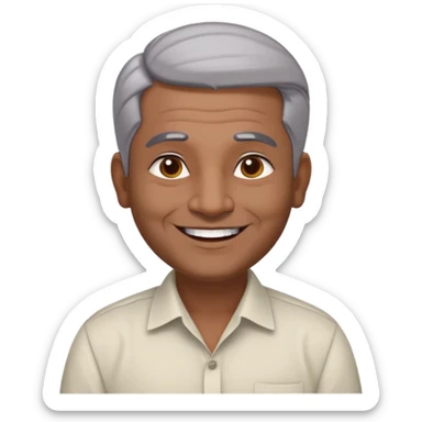 50 yr old indian man, dark skin, grey hair, big smile, white teeth, chubby, no moustache, clean shaven, young style hair, hair brushed back, 5 oclock shadow, bindy on forehead, dress shirt, bindy sticker