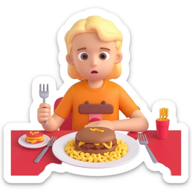 A stylized 3D character of a 6-year-old child sits at a table, looking bored at a plate of macaroni and a meat patty, absentmindedly poking the macaroni with a fork. sticker