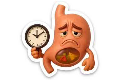 EMOJI STILE IPHONE 3D DI UNo stomaco umano con espressione dolornate, ha del cibo visibile dentro che non sta digerendo. in mano tiene un orologio da muro, iperrealistico 4k sticker