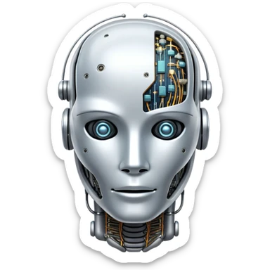 An icon featuring a humanoid robot head, neural network connections, and binary code, symbolizing artificial intelligence. The design includes a brain with circuits and machine learning algorithms, representing the study and development of intelligent systems. Transparent background  sticker