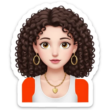 white girl with long dark brown curly hair with a little volume wearing a white tank top. Blush on the cheeks and big eyelashes and a brown-pink lip combo. gold hoops as earrings(medium size)  and a small gold hoop for a nose ring  and a square small denty gold necklace  sticker