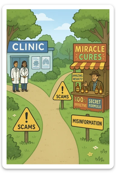 two paths diverge—one leads to a trustworthy clinic with doctors and scientific posters, the other to a shady stand selling “miracle” medicines with exaggerated claims. Signs along the second path warn of scams and misinformation. The scene encourages viewers to choose reliable, science-based healthcare. sticker
