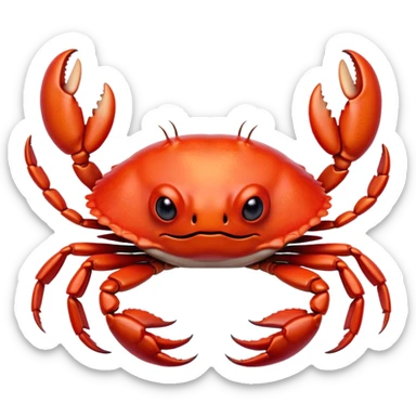 Cinematic Realistic Cute Crab Portrait Emoji, Head tilted playfully and inquisitively, featuring a compact, sturdy form with a glossy red shell uniquely forming an endearing face with bright, sparkling eyes, rendered with intricate natural textures and subtle coastal hues, high shine, affectionate and spirited, styled with a touch of seaside whimsy, soft glowing outline, capturing the essence of a mischievous yet lovable crab that seems ready to pinch playfully out of the screen into your arms! sticker