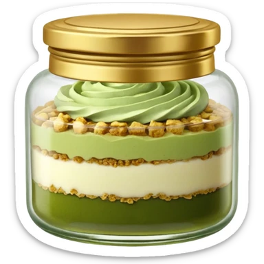 A small round glass jar with a gold lid, filled with layered dessert: creamy white base, green matcha layer in the middle, and a crunchy topping on top.

 sticker