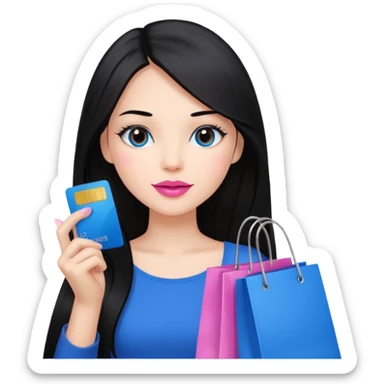 Girl with long black hair and crown, pink lipstick, brown eyes holding shopping bags and blue credit card sticker