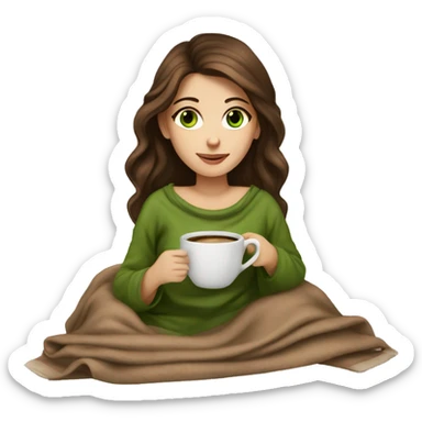 A beautiful girl with brown hair and green eyes cozy with a nude blanket and a cup of coffee  sticker