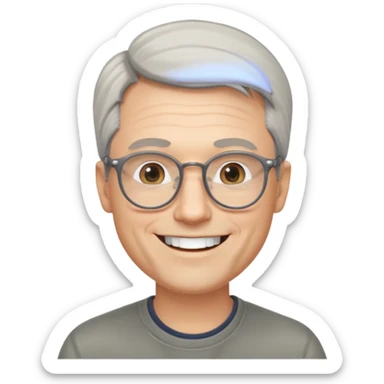 40 yr old pale white man, grey side swept hair, round glasses, big smile, white teeth, handsome, longer hair, thin glasses, no wrinkles sticker