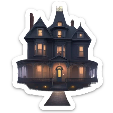 Fantastic Wide full view, A very roomy ramshackle Victorian Addams’s mansion looms through light fog at dusk  sticker