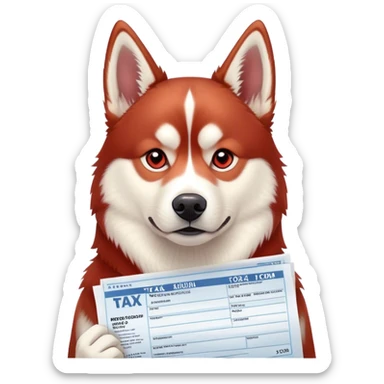 Red Siberian husky preparing taxes sticker