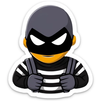intimidating robber with black mask around eyes, striped shirt, sneaky and menacing expression, no weapons sticker