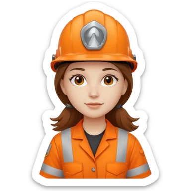 GAROTA BRANCA DE CABELOS CASTANHOS COMPRIDOS, UNIFORME DE TRABALHO LARANJA E CAPACETE LARANJA sticker