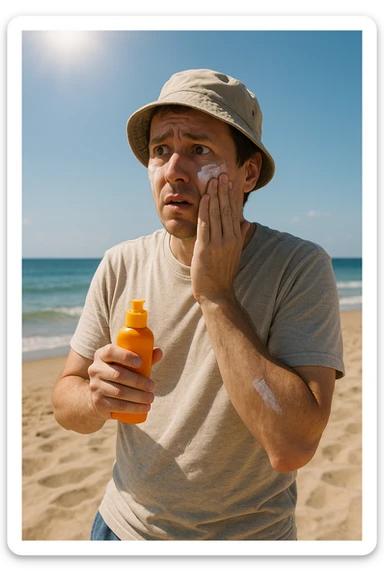 uomo a mare che si mette la crema solare perchè ha paura del sole realistica sticker