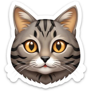 Cinematic Cute Grey and Black Brown Tabby Cat Portrait Emoji, Head tilted playfully and inquisitively, sleek grey-brown fur with bold black tabby stripes and a distinctive M-shaped marking on the forehead, sparkling amber eyes, Simplified yet irresistibly adorable features, highly detailed, glowing with a warm, friendly glow, high shine, affectionate and curious, stylized with a touch of whimsy, bright and endearing, soft glowing outline, capturing the essence of a mischievous yet loving kitten, so playful it feels like it could pounce out of the screen and into your arms! sticker