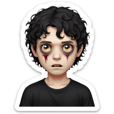 Boy, zombie, black curly wavy hair, medium hair, emo, round shaped hair, dark hair, spooky, creepy expression, fringe in the eyebrows height, with Black t-shirt  sticker