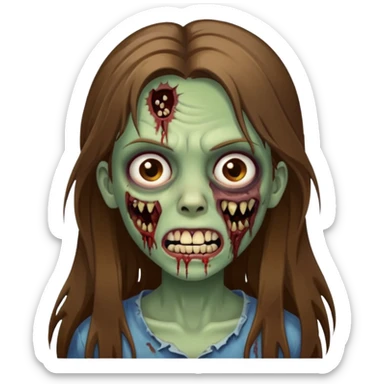 Girl zombie with brown long hair with teeth and serious face IOS style sticker