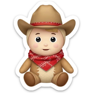 A cuddly baby cowboy plush toy with a red bandana and chubby cheeks sticker