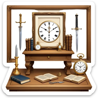 Icon for Antiques Collecting: antique carved  table, a vintage pocket watch and a porcelain figurine, all placed on a wooden antique carved table surrounded by aged books and antique swords. The icon should evoke the elegance and history of antique collecting. Transparent background. sticker
