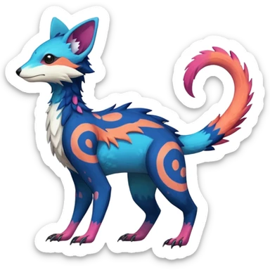 Rare realistic exotic edgy epic pretty beautiful handsome gorgeous aesthetic colorful vibrant Vernid-Trico-species-Fakemon-creature by LiLaiRa, 4 legs, 1 tail, random markings, (full body) sticker
