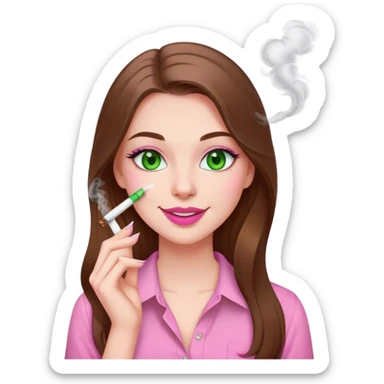 white skinned girl with green eyes and long brown hair smoking a white joint smiling in a pink shirt with pink lips sticker