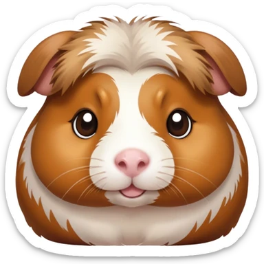 Cinematic Cute Brown and White Banded Guinea Pig Portrait Emoji, Head tilted playfully and inquisitively, showcasing a fluffy coat with playful brown and white banded patterns, round, sparkling dark eyes filled with curiosity, Simplified yet irresistibly adorable features, highly detailed, glowing with a warm, friendly glow, high shine, affectionate and spirited, stylized with a touch of whimsy, bright and endearing, soft glowing outline, capturing the essence of a mischievous yet loving guinea pig, so playful it feels like it could dash out of the screen and into your arms! sticker
