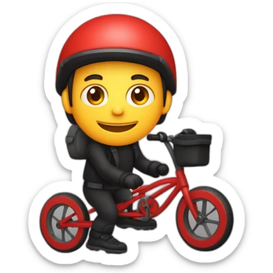 Jeune homme en tenue rouge sur un vélo noir vélo avec un sac tout rouge cubique, carré sticker