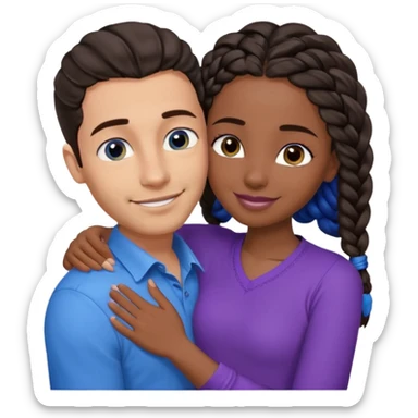 Boyfriend who is middle Eastern olive skinned with blue eyes and wavy straight brown hair in a blue shirt and his African girlfriend who is very black skinned, juicy lipped with black braided hair and the two are hugging and smiling hugely she’s wearing purple and she has black eyes sticker