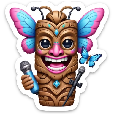 Pixar style little Cartoon Blue and pink tiki singing with butterfly and in the microphone, ultra detailed and lifelike imagery sticker