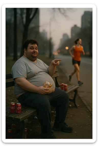 A cinematic urban scene showing an overweight man in his late 30s sitting on a park bench, with a fast food wrapper in one hand and a smirk on his face. He points mockingly toward a fit, athletic person jogging nearby. The man is wearing casual clothes that barely fit — a stretched-out T-shirt and sweatpants — and his posture is slouched. His expression is sarcastic, laughing, but there’s a subtle shadow of insecurity in his eyes. The contrast is clear: the jogger is framed in soft morning light, moving with energy and purpose, while the man on the bench is surrounded by clutter, soda cans, and dim, flat lighting. Shot in 35mm cinematic style, shallow depth of field, with muted tones around the man and vibrant light around the jogger — emphasizing the disconnect between appearance and attitude. sticker