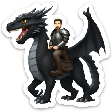 Confident armored White Man with dark brown hair and a short beard riding on the back of a giant armored black dragon sticker