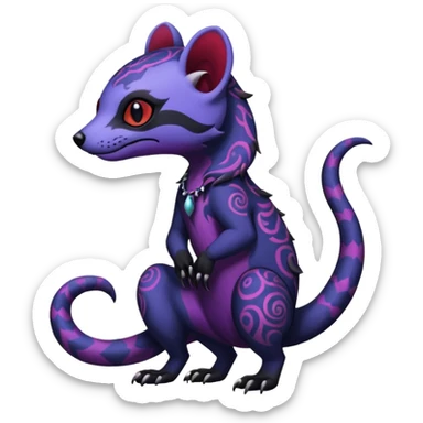 Rare warm-colored exotic gloomy tropical edgy cute epic aesthetic spooky indigo violet purple black red gothic colorful Salandit-Civet-species-Fakemon-hybrid-creature, with tribal tattoo markings, full body sticker