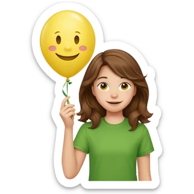 Teen girl wavy brown hair, green shirt, with smiley-face balloon sticker