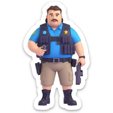 fat federal agent buck teeth tactical vest covered in gadgets redneck look mullet haircut sleeveless shirt boots 3D cartoon style sticker
