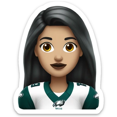 White female long dark hair red lips wearing Philadelphia Eagles jersey sticker