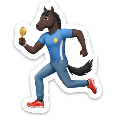 friendly anthropomorphised black stallion in jeans and a t-shirt, jogging upright in standard pose, holding a medal sticker