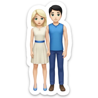 prince, standing upright, black Hair, blue eyes, garment,  woman, bending knee, white sleveless dress, blonde hair, green eyes, sticker