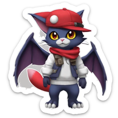 Cool Anthro Noibat-Zangoose-Quilava-Litten-Sphynx-Feline-Pokémon with red scarf collar punk techwear cool fiddler-hat Full Body sticker