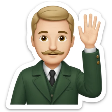 German guy with short mustache and a comb over raising his hand with a dark green coat sticker